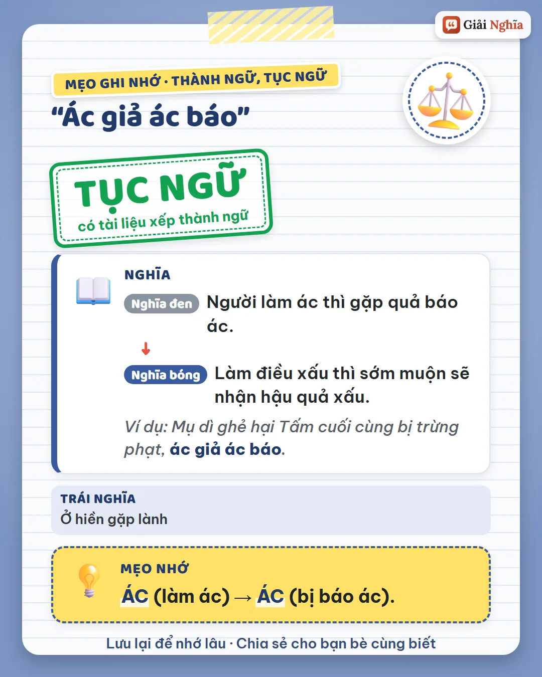 Mẹo ghi nhớ: chữ ác đầu là làm ác, chữ ác sau là bị báo ác.