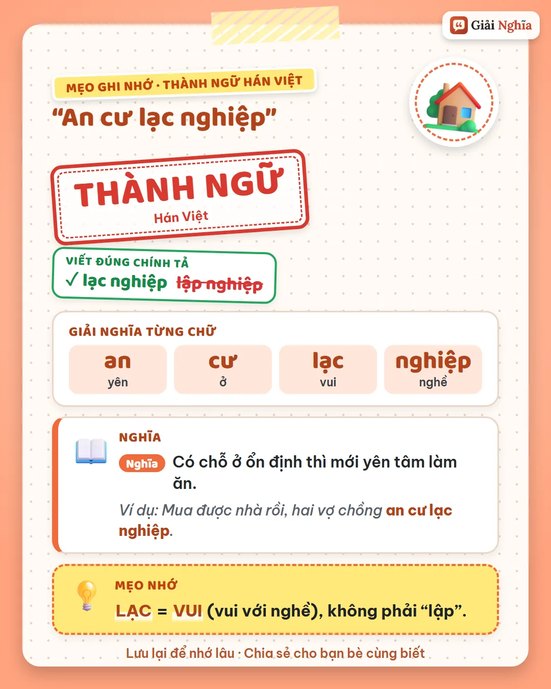 Mẹo ghi nhớ: lạc là vui, vui với nghề, không phải lập.