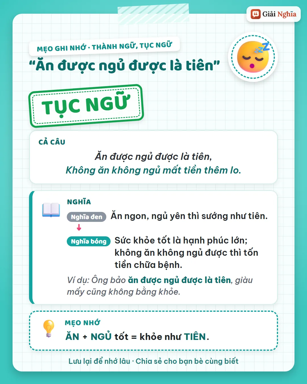 Mẹo ghi nhớ: ăn tốt cộng ngủ tốt thì khỏe như tiên.