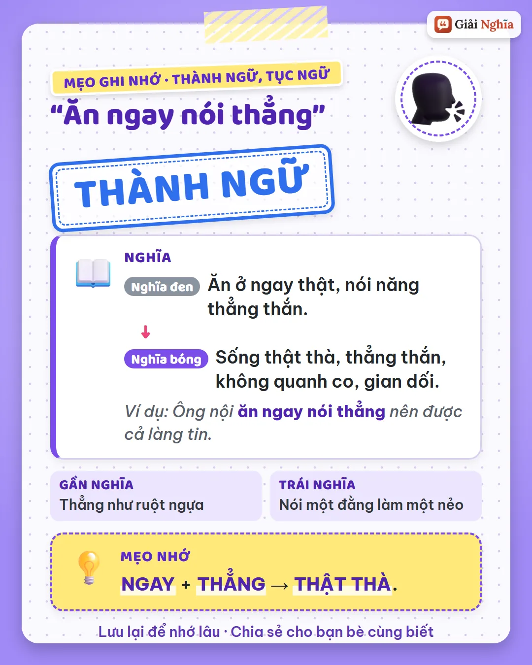 Mẹo ghi nhớ: ngay và thẳng là thật thà.
