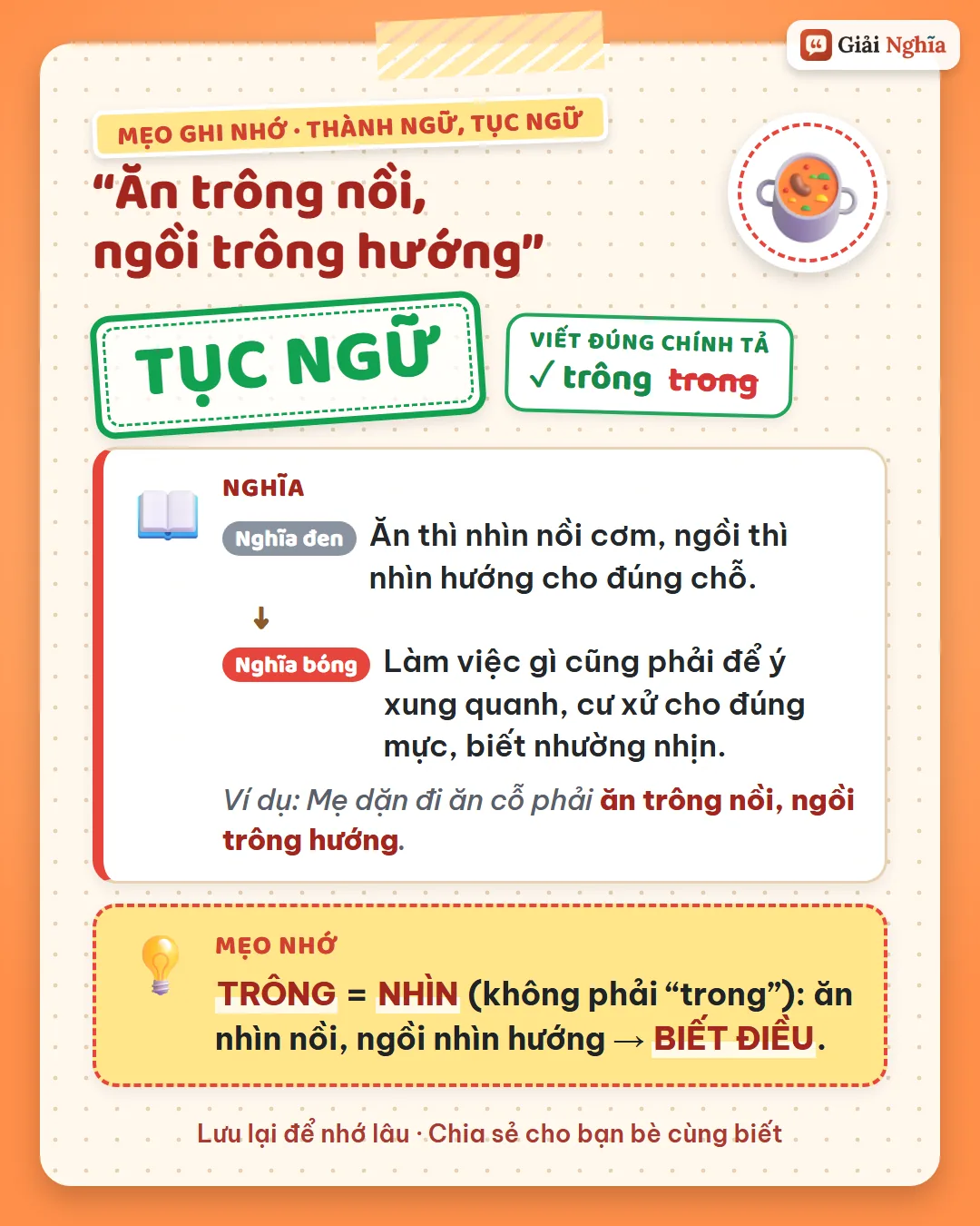Mẹo ghi nhớ: trông là nhìn, không phải trong; ăn nhìn nồi, ngồi nhìn hướng là biết điều.