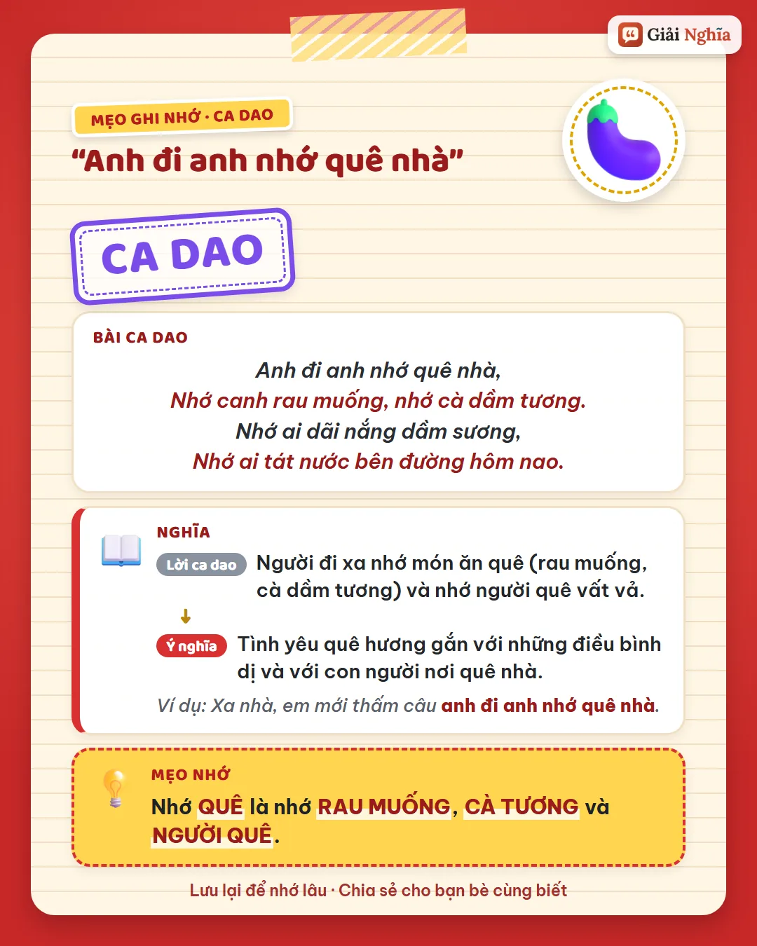 Mẹo ghi nhớ: nhớ quê là nhớ rau muống, cà tương và người quê.