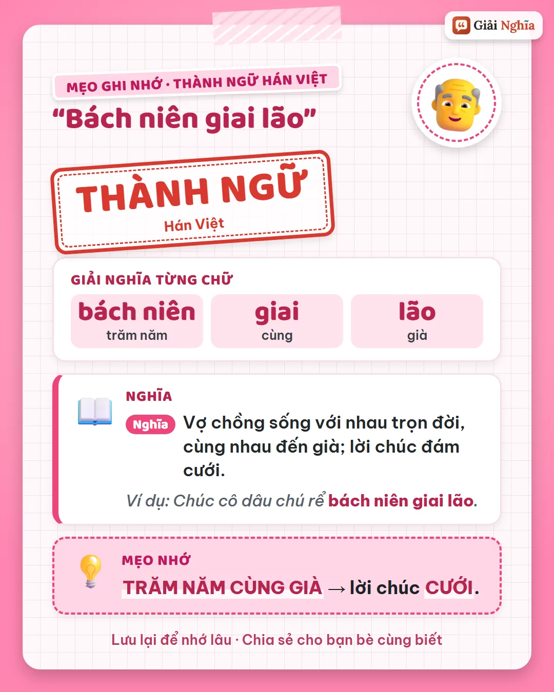 Mẹo ghi nhớ: trăm năm cùng già, lời chúc cưới.