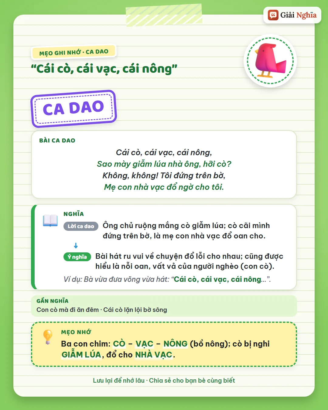 Mẹo ghi nhớ: ba con chim cò, vạc, nông; cò bị nghi giẫm lúa, đổ cho nhà vạc.