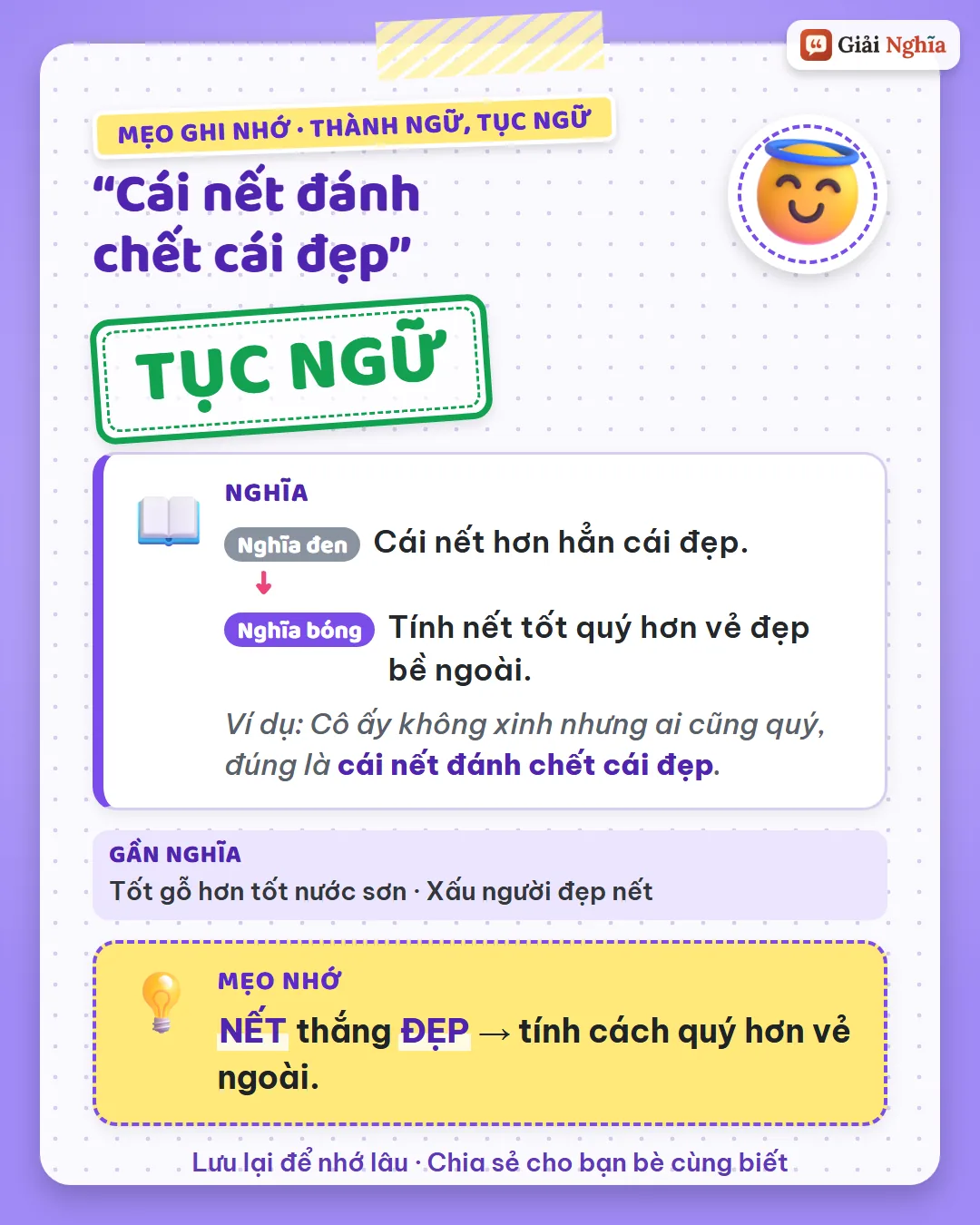 Mẹo ghi nhớ: nết thắng đẹp, tính cách quý hơn vẻ ngoài.