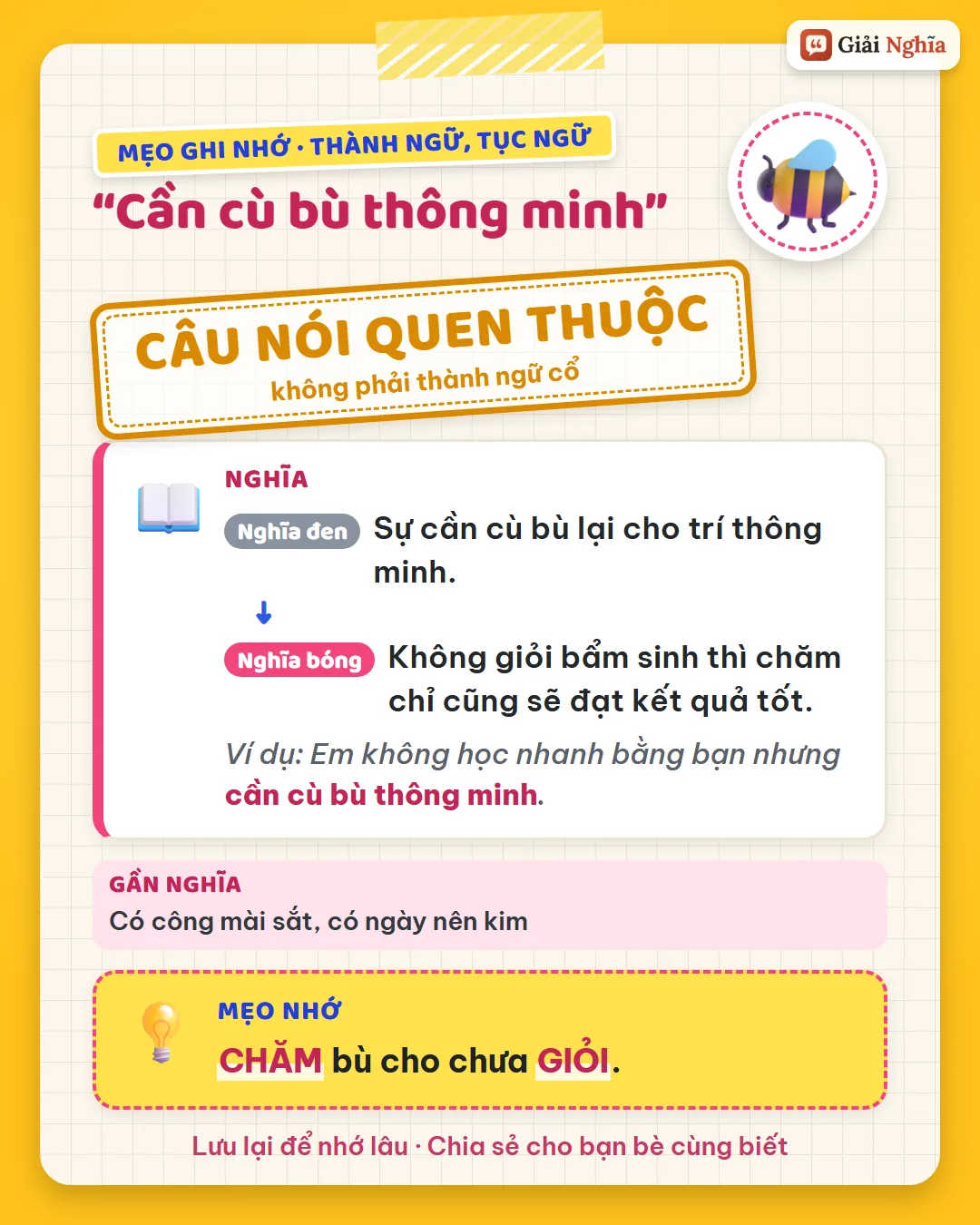 Mẹo ghi nhớ: chăm chỉ bù cho chưa giỏi.
