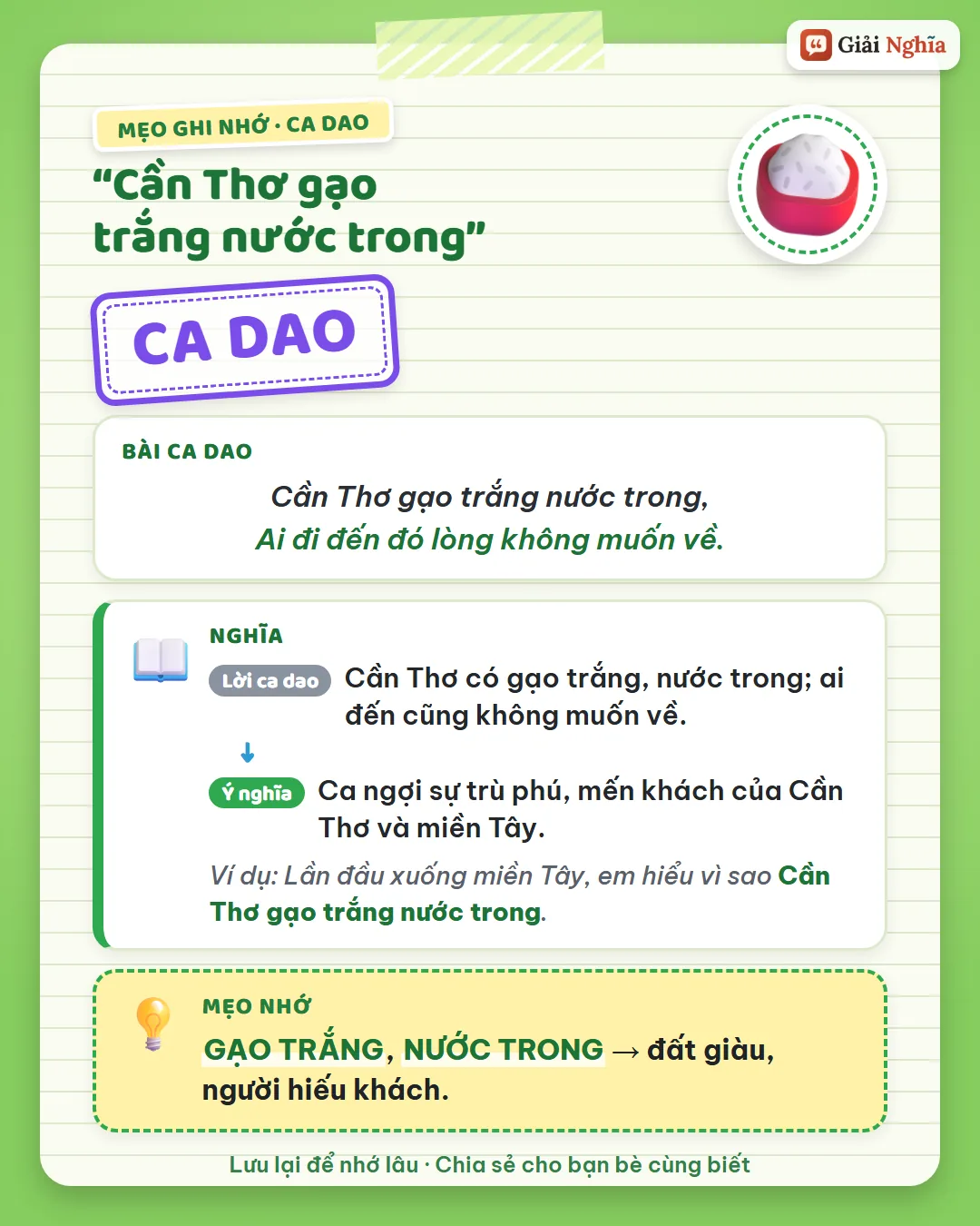 Mẹo ghi nhớ: gạo trắng, nước trong là đất giàu, người hiếu khách.