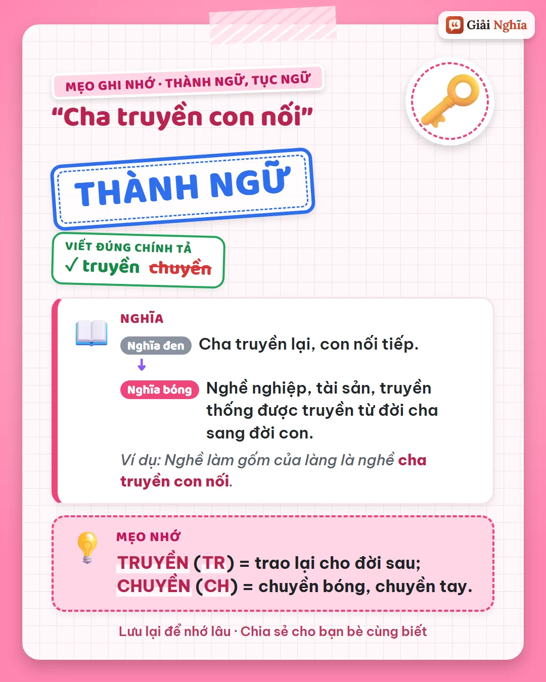 Mẹo ghi nhớ: truyền (TR) là trao lại cho đời sau; chuyền (CH) là chuyền bóng, chuyền tay.