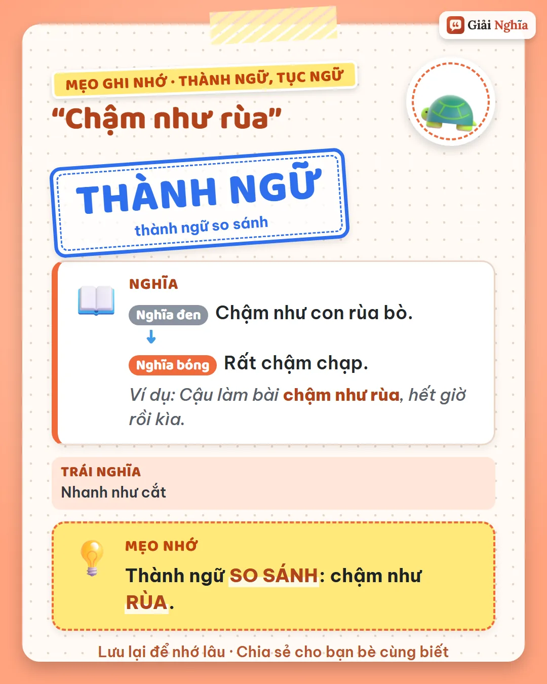Mẹo ghi nhớ: thành ngữ so sánh, chậm như rùa.