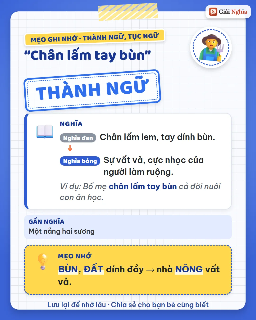 Mẹo ghi nhớ: bùn, đất dính đầy, nhà nông vất vả.
