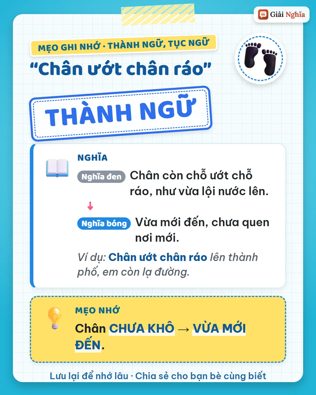 Mẹo ghi nhớ: chân chưa khô là vừa mới đến.