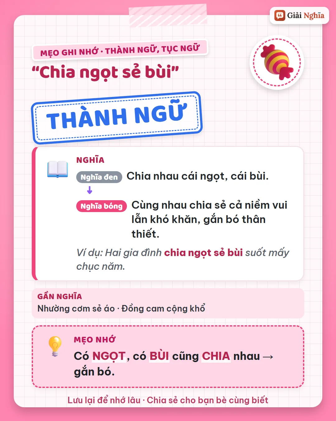 Mẹo ghi nhớ: có ngọt, có bùi cũng chia nhau, gắn bó.