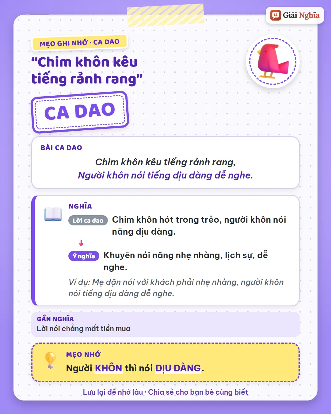 Mẹo ghi nhớ: người khôn thì nói dịu dàng.