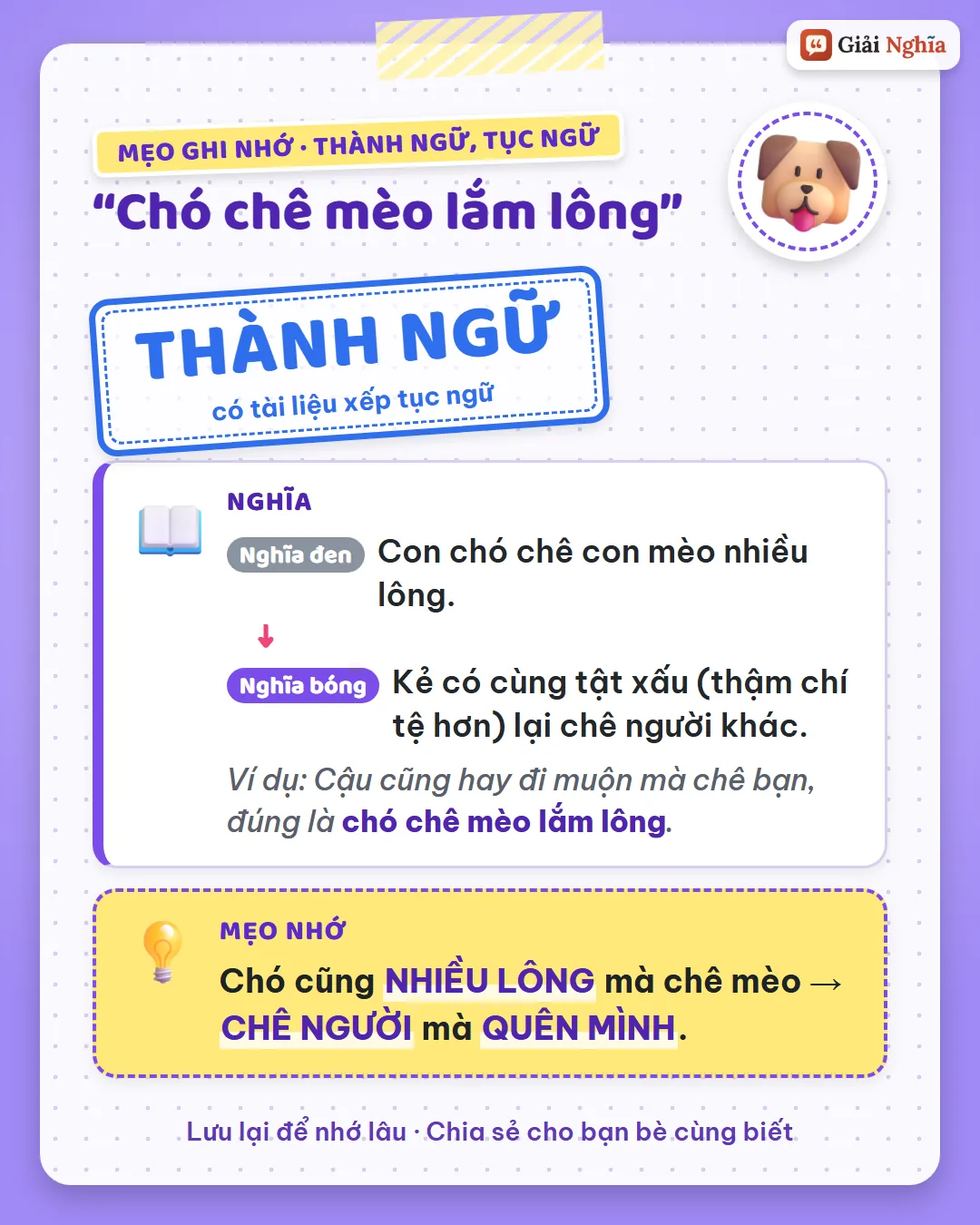 Mẹo ghi nhớ: chó cũng nhiều lông mà chê mèo, chê người mà quên mình.