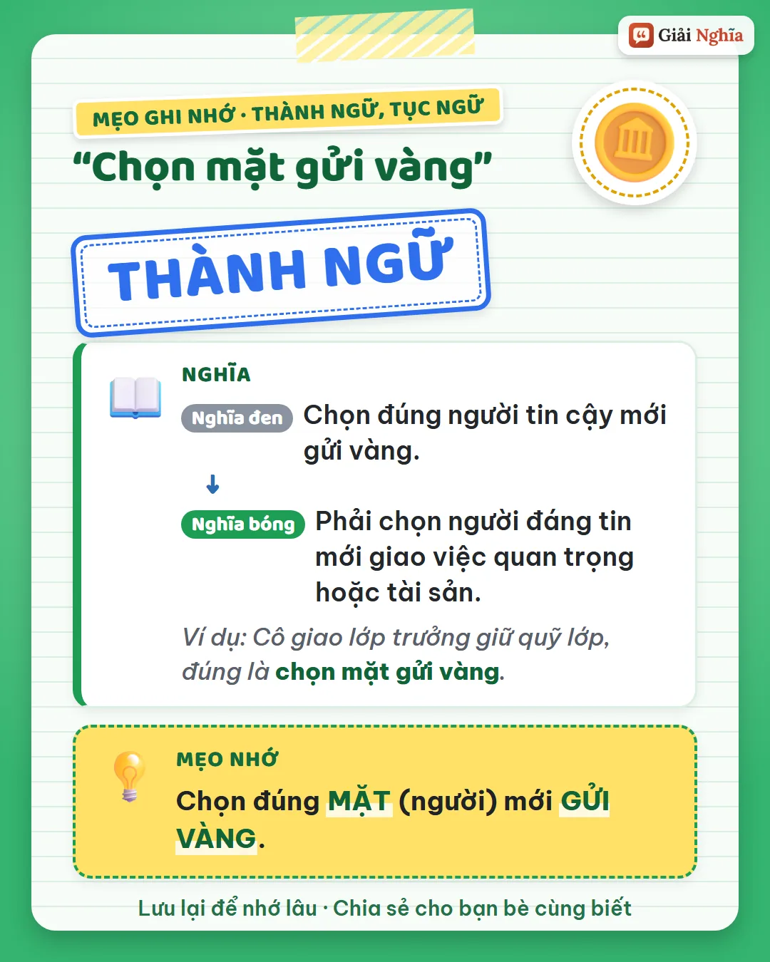Mẹo ghi nhớ: chọn đúng mặt người mới gửi vàng.