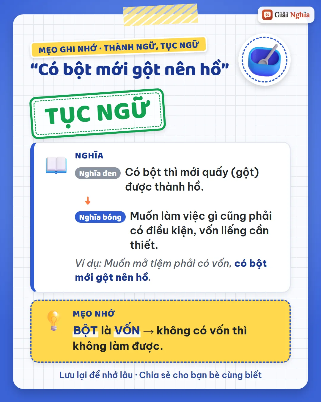 Mẹo ghi nhớ: bột là vốn, không có vốn thì không làm được.