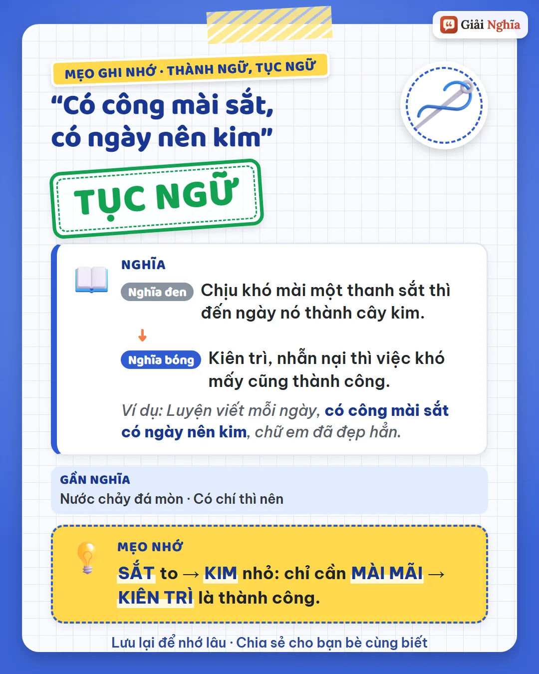 Mẹo ghi nhớ: sắt to mài mãi thành kim nhỏ, kiên trì thì thành công.
