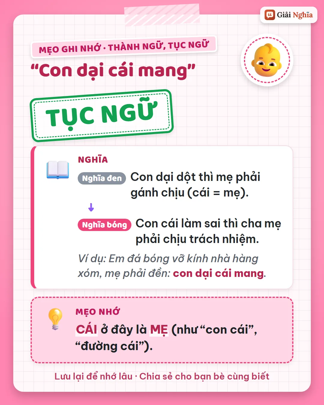 Mẹo ghi nhớ: cái ở đây là mẹ, như trong con cái, đường cái.