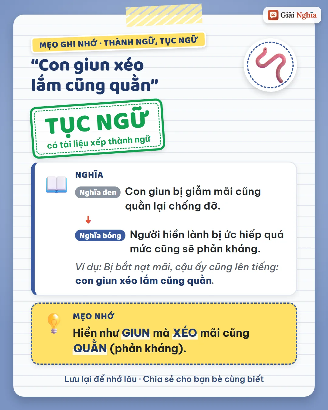 Mẹo ghi nhớ: hiền như giun mà xéo mãi cũng quằn, tức là phản kháng.