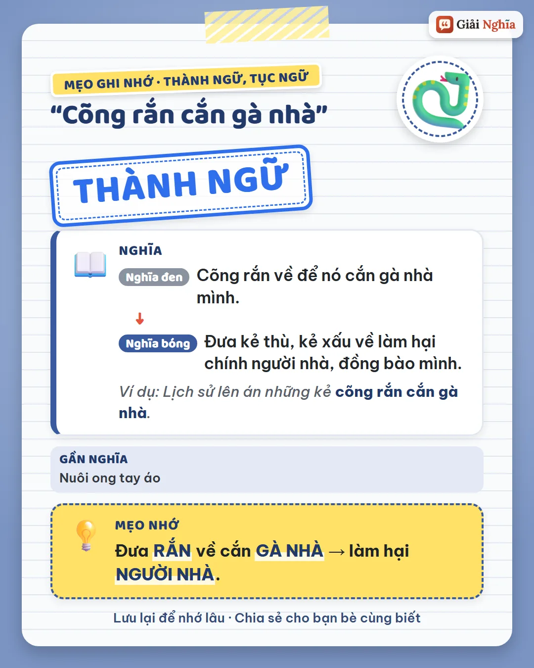Mẹo ghi nhớ: đưa rắn về cắn gà nhà là làm hại người nhà.