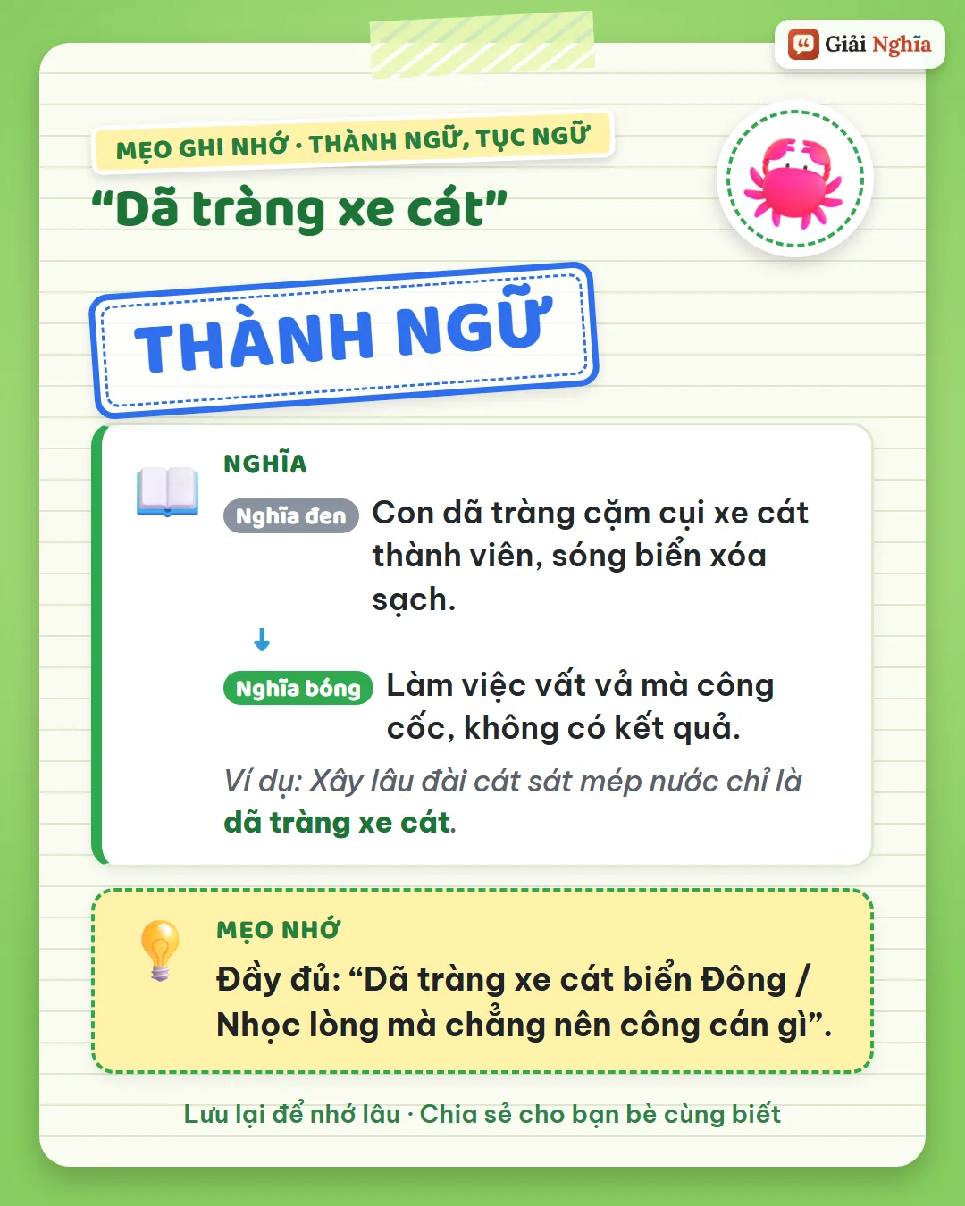 Mẹo ghi nhớ: dã tràng xe cát biển Đông, nhọc lòng mà chẳng nên công cán gì.