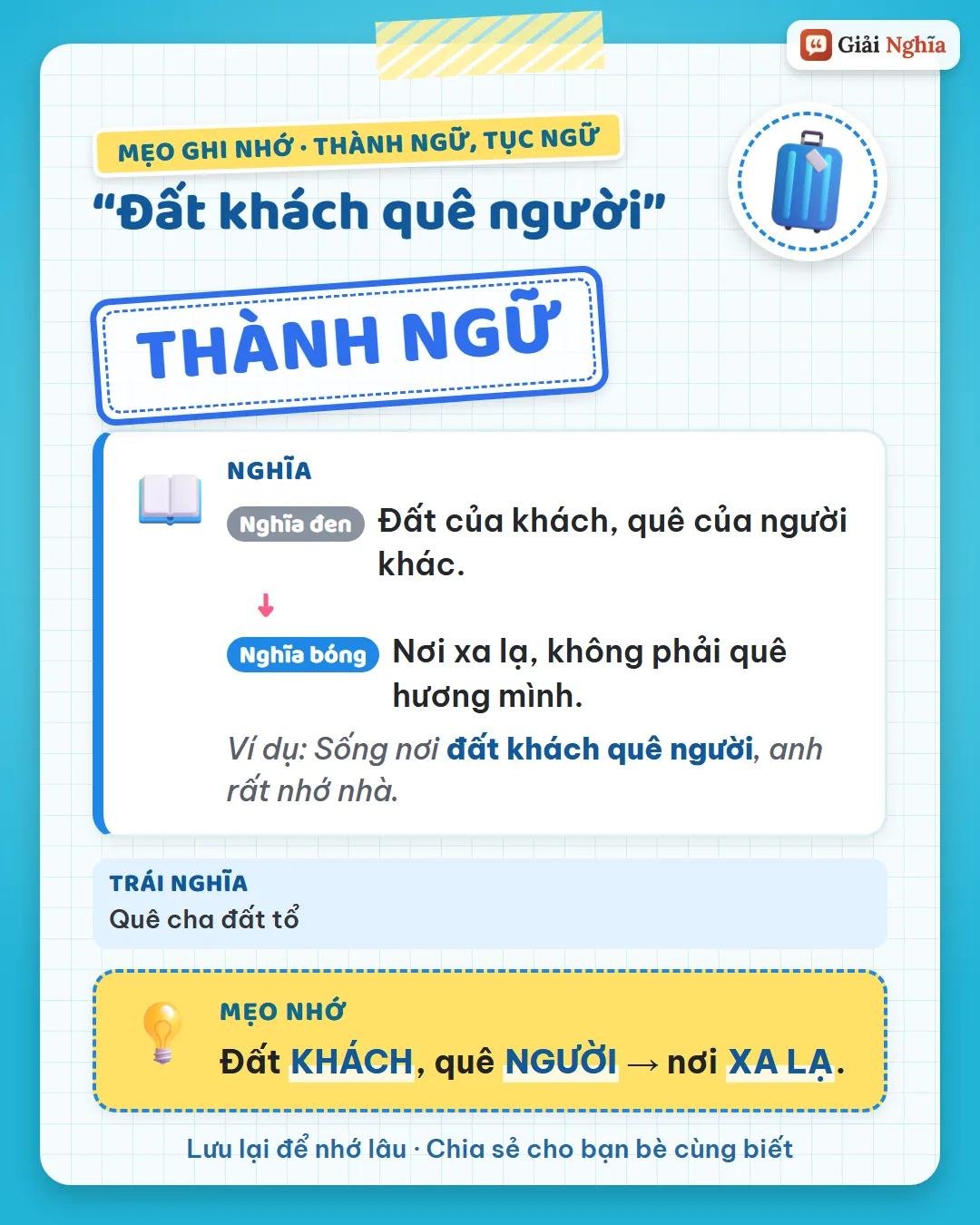 Mẹo ghi nhớ: đất của khách, quê của người là nơi xa lạ.
