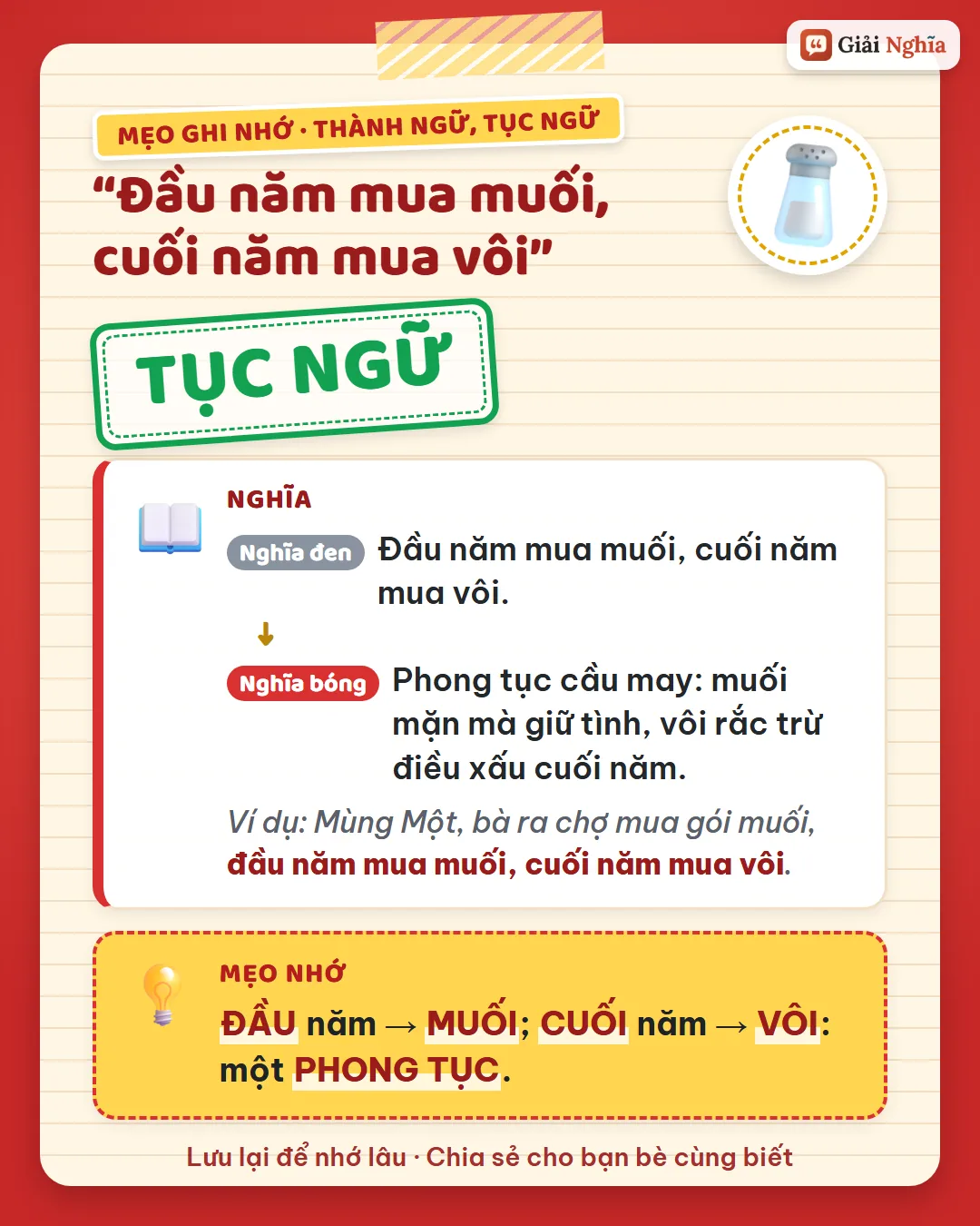 Mẹo ghi nhớ: đầu năm mua muối, cuối năm mua vôi; đây là một phong tục.