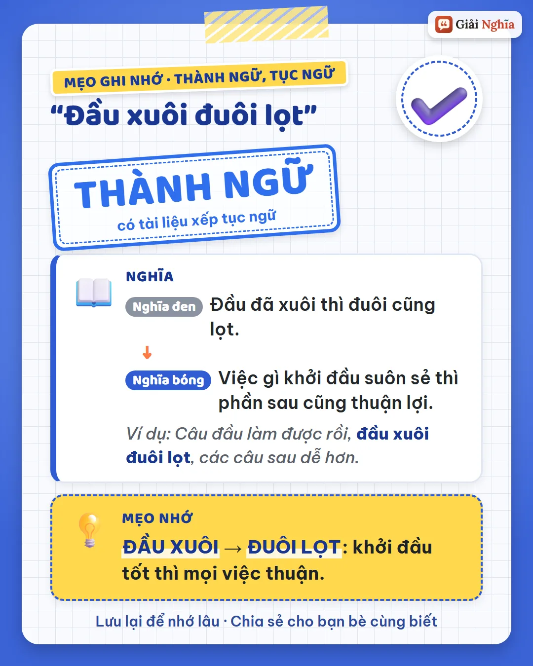 Mẹo ghi nhớ: đầu xuôi thì đuôi lọt, khởi đầu tốt thì mọi việc thuận.