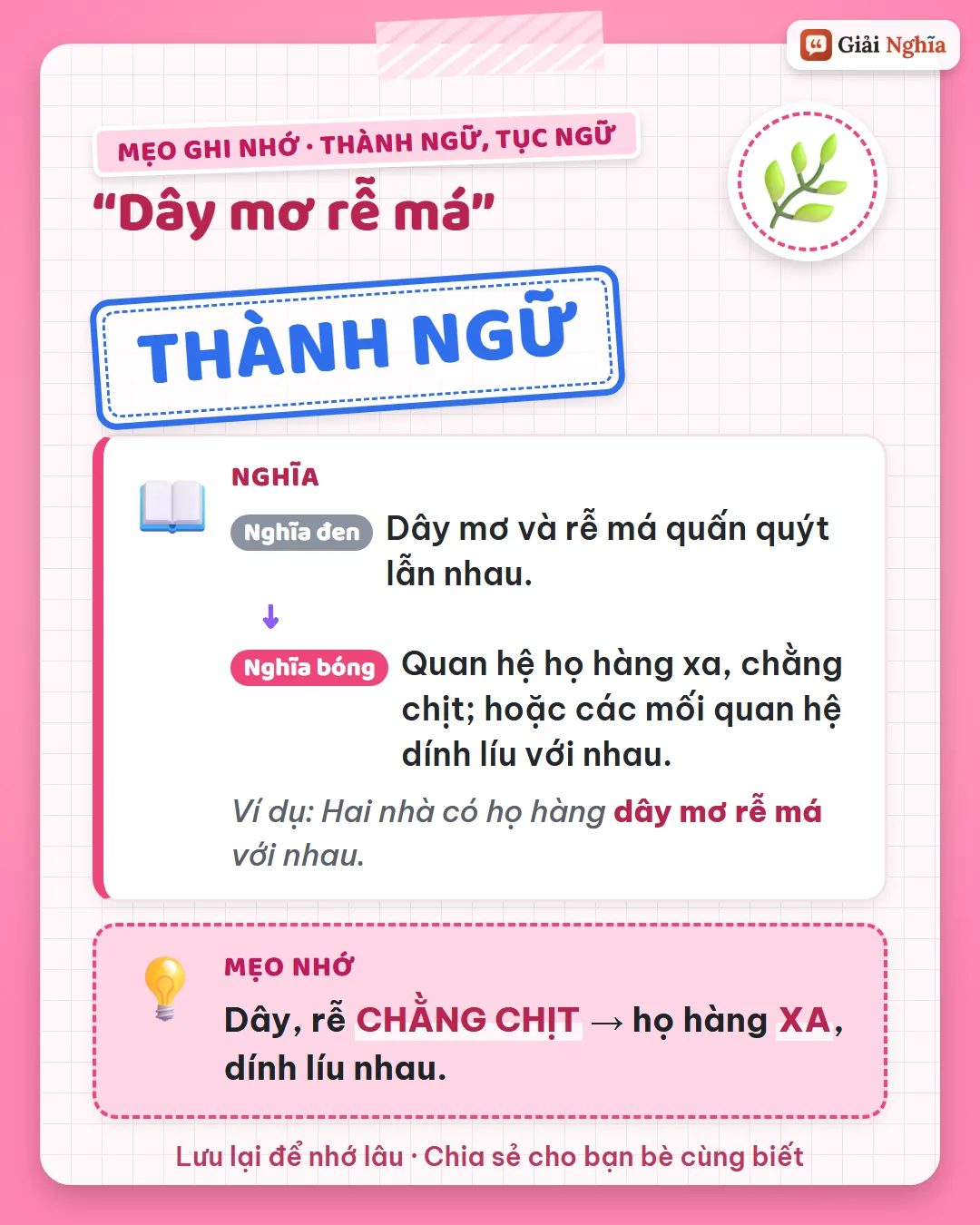 Mẹo ghi nhớ: dây, rễ chằng chịt là họ hàng xa, dính líu nhau.
