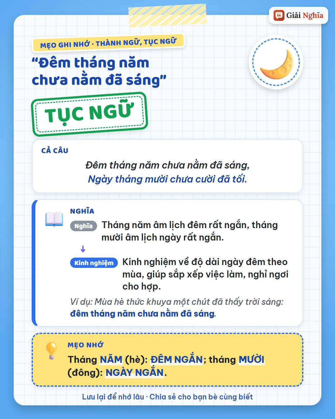 Mẹo ghi nhớ: tháng năm mùa hè đêm ngắn; tháng mười mùa đông ngày ngắn.