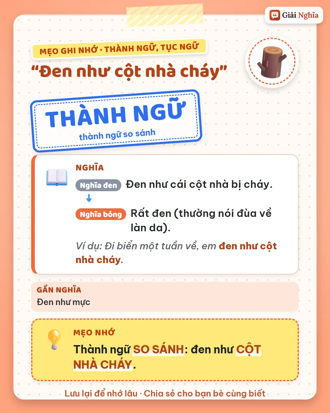 Mẹo ghi nhớ: thành ngữ so sánh, đen như cột nhà cháy.