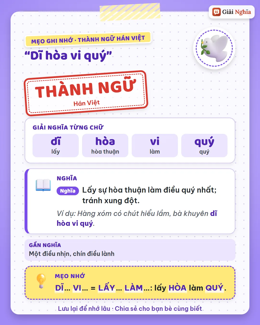 Mẹo ghi nhớ: dĩ… vi… là lấy… làm…, lấy hòa làm quý.