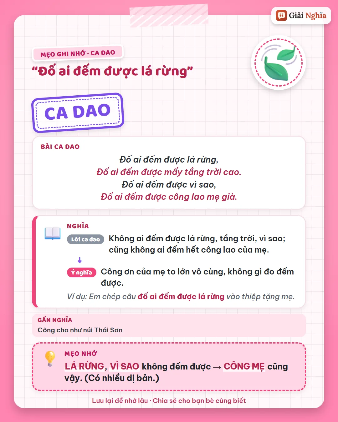 Mẹo ghi nhớ: lá rừng, tầng trời, vì sao không đếm được, công lao của mẹ cũng vậy.