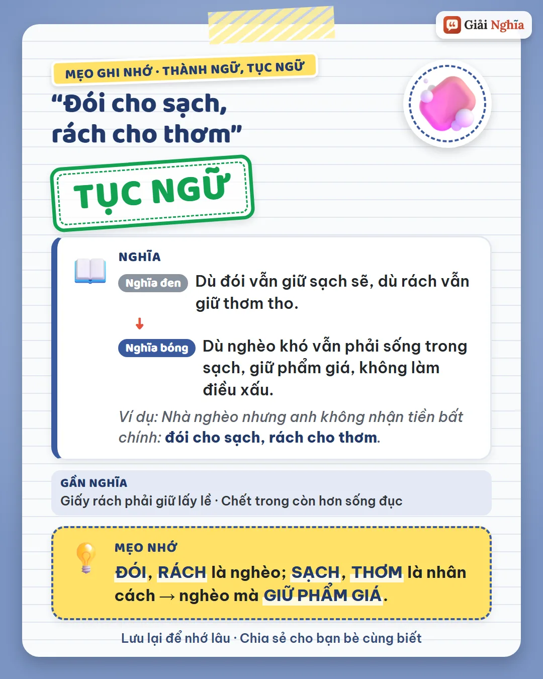 Mẹo ghi nhớ: đói, rách là nghèo; sạch, thơm là nhân cách; nghèo mà vẫn giữ phẩm giá.