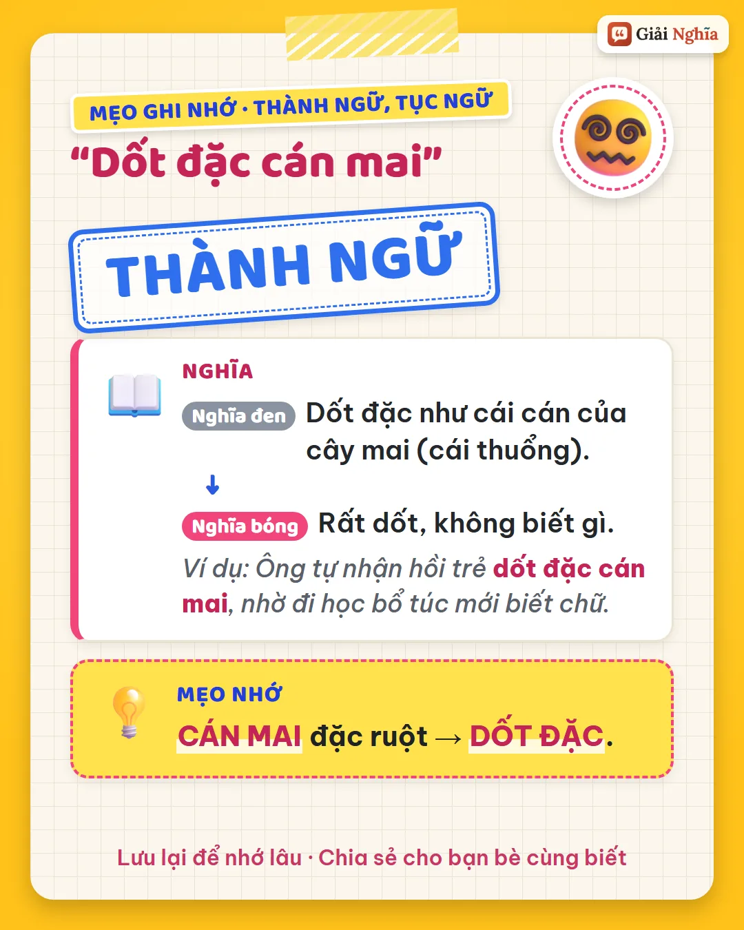 Mẹo ghi nhớ: cán mai đặc ruột, dốt đặc.