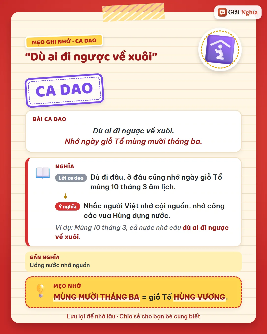 Mẹo ghi nhớ: mùng mười tháng ba là giỗ Tổ Hùng Vương.