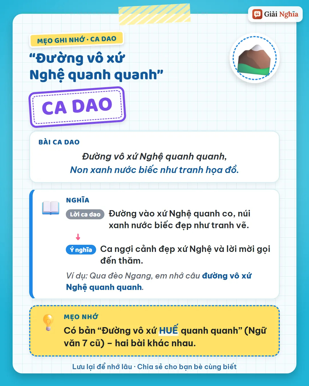 Mẹo ghi nhớ: có bản “Đường vô xứ Huế quanh quanh” trong Ngữ văn 7 cũ – hai bài khác nhau.