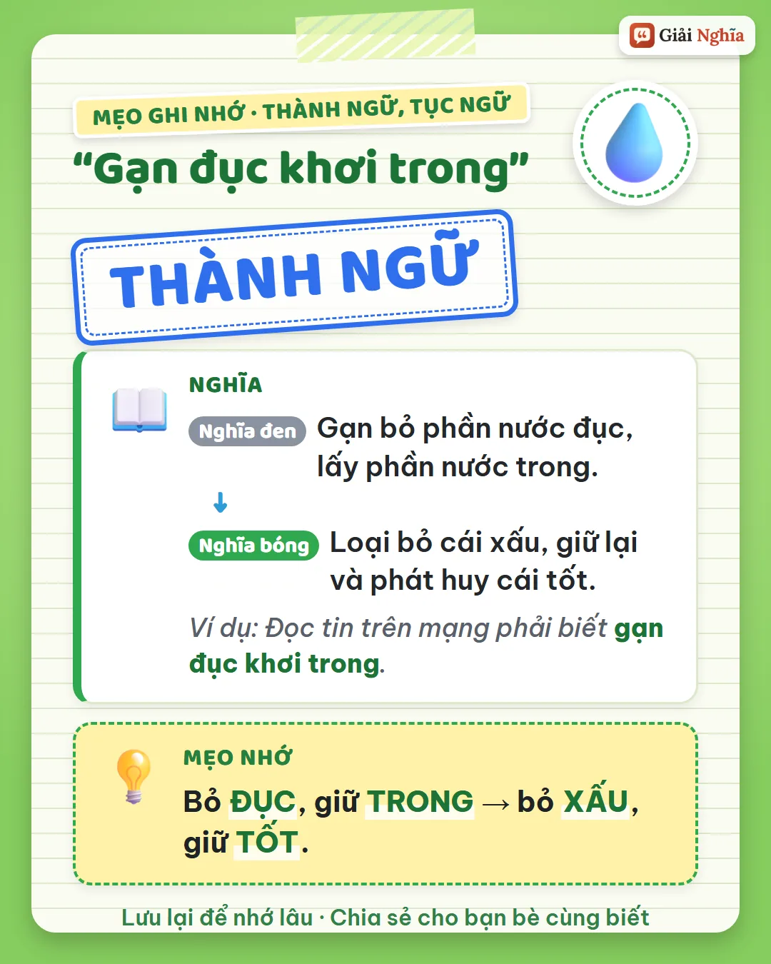 Mẹo ghi nhớ: bỏ đục, giữ trong, tức bỏ xấu, giữ tốt.
