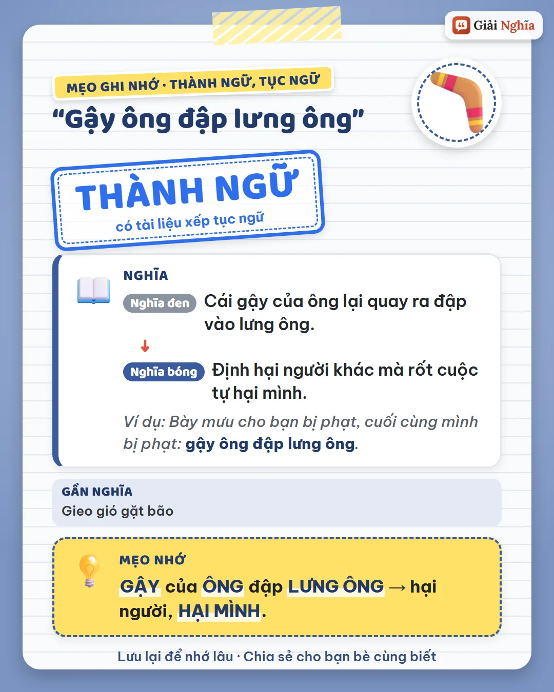 Mẹo ghi nhớ: gậy của ông đập lưng ông, hại người thì hại mình.