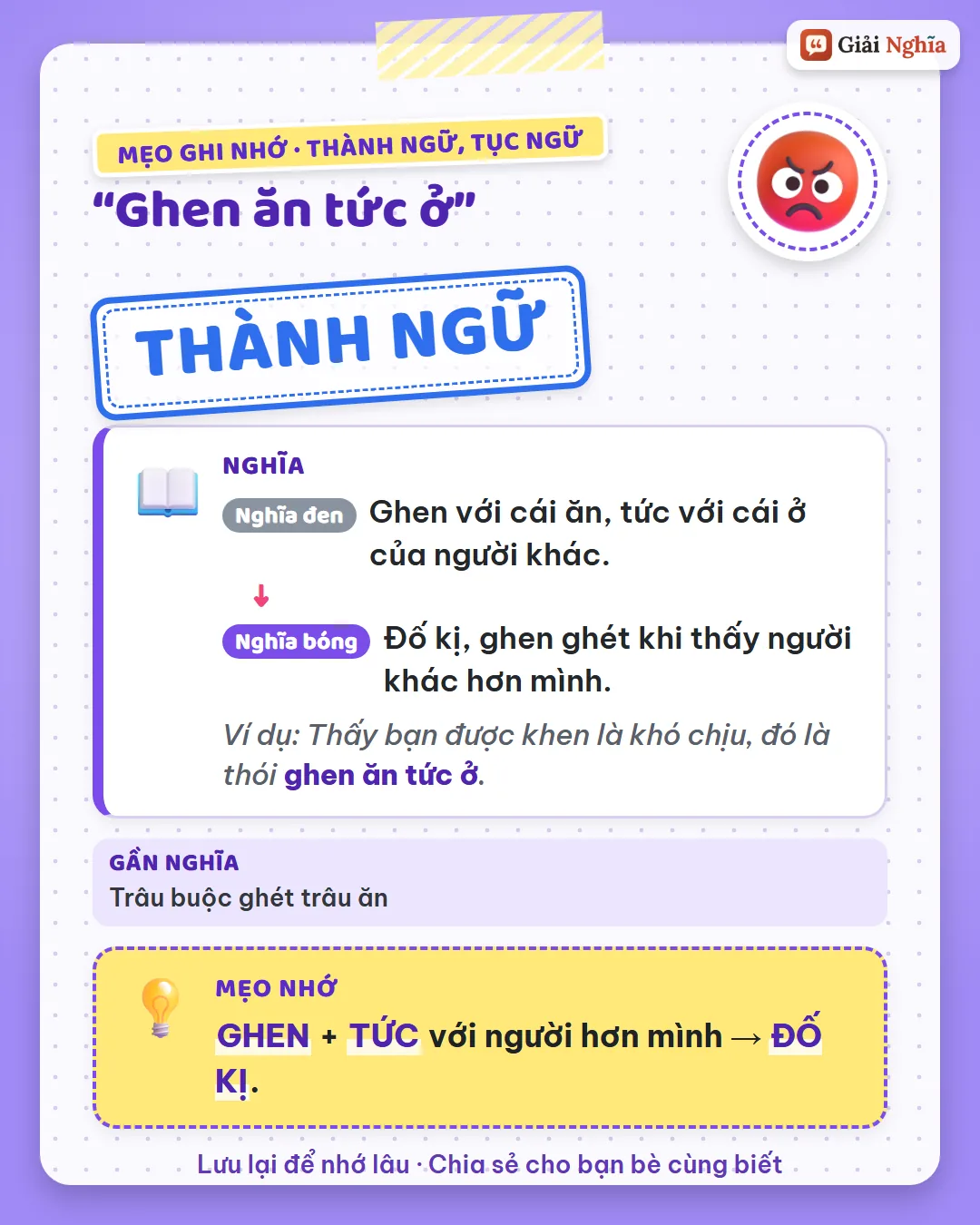 Mẹo ghi nhớ: ghen và tức với người hơn mình là ganh ghét.