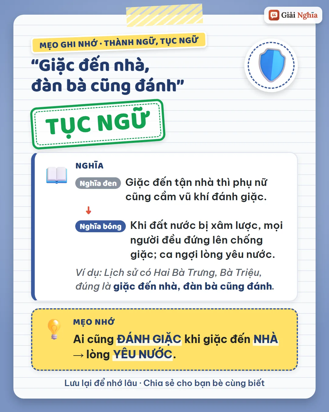 Mẹo ghi nhớ: giặc đến nhà thì ai cũng đánh giặc, đó là lòng yêu nước.