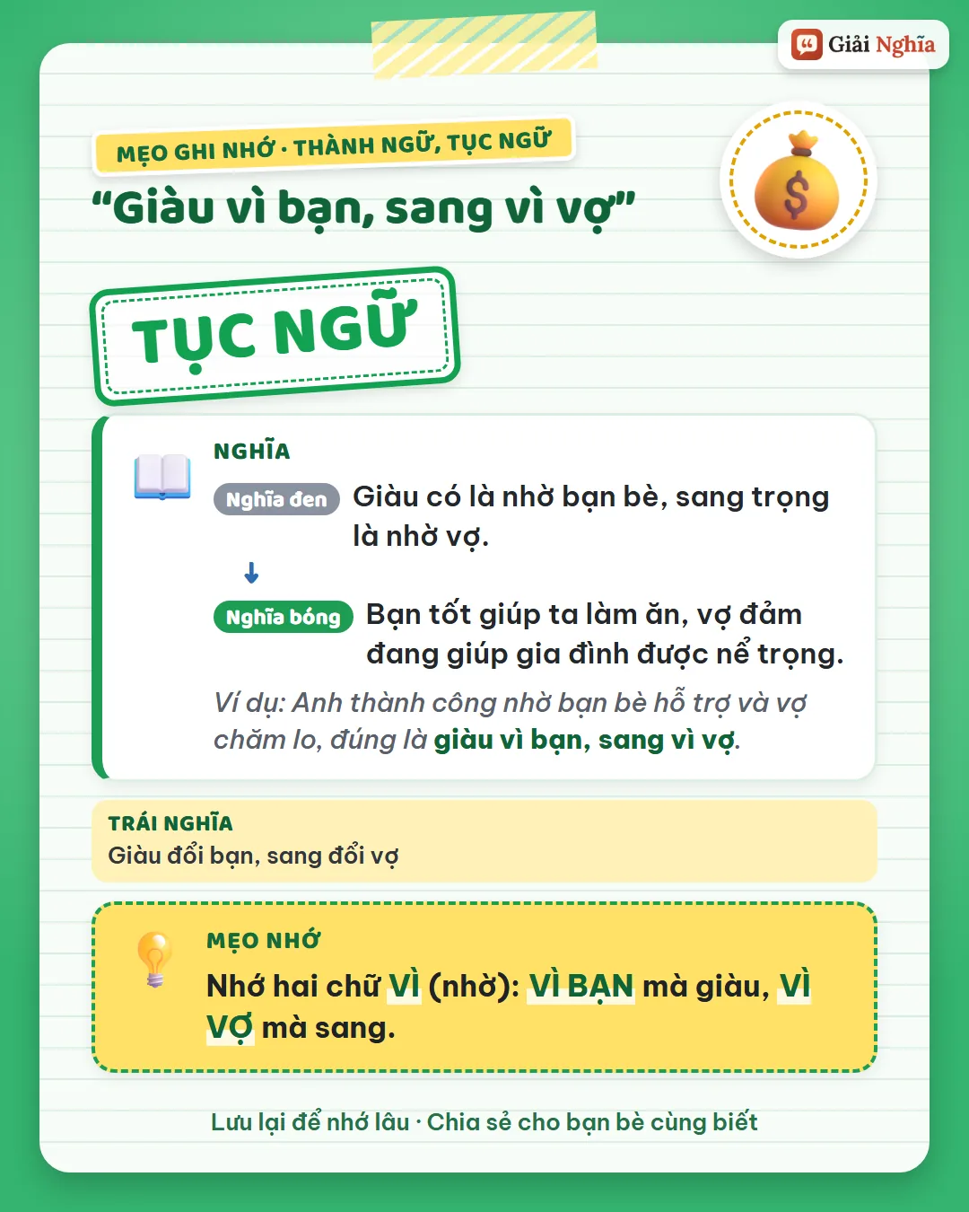 Mẹo ghi nhớ: vì nghĩa là nhờ; nhờ bạn mà giàu, nhờ vợ mà sang.