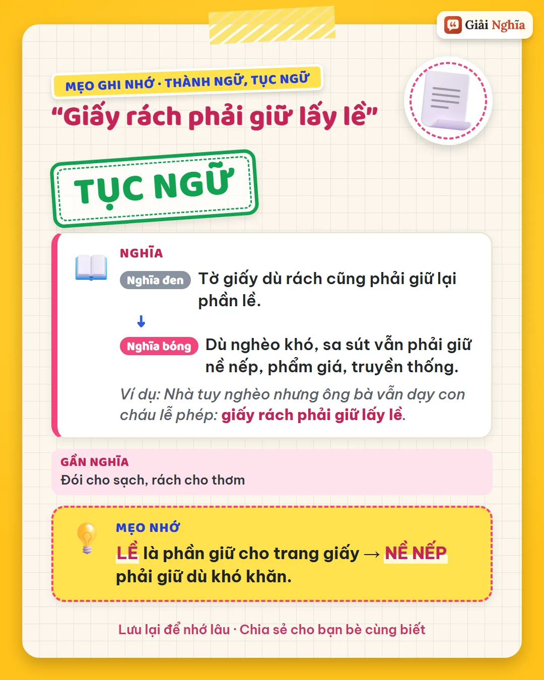 Mẹo ghi nhớ: lề là phần giữ cho trang giấy, như nề nếp phải giữ dù khó khăn.