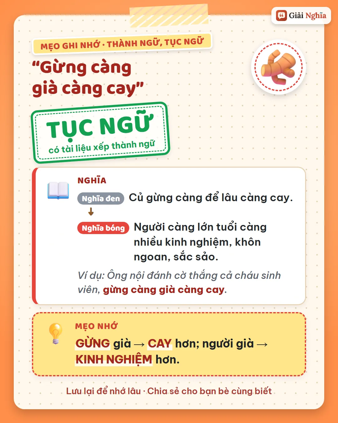 Mẹo ghi nhớ: gừng già cay hơn, người lớn tuổi nhiều kinh nghiệm hơn.