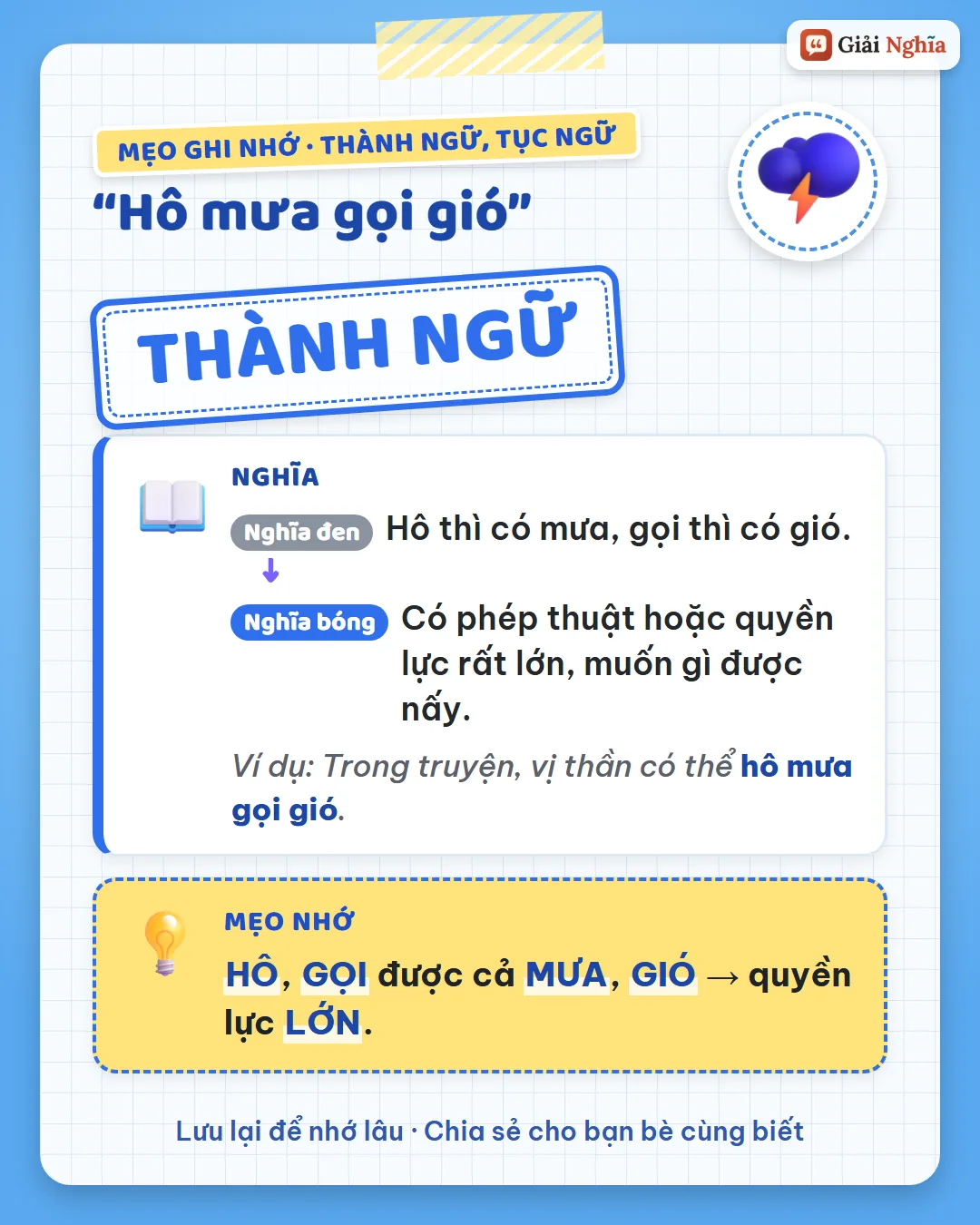 Mẹo ghi nhớ: hô, gọi được cả mưa, gió là quyền lực lớn.