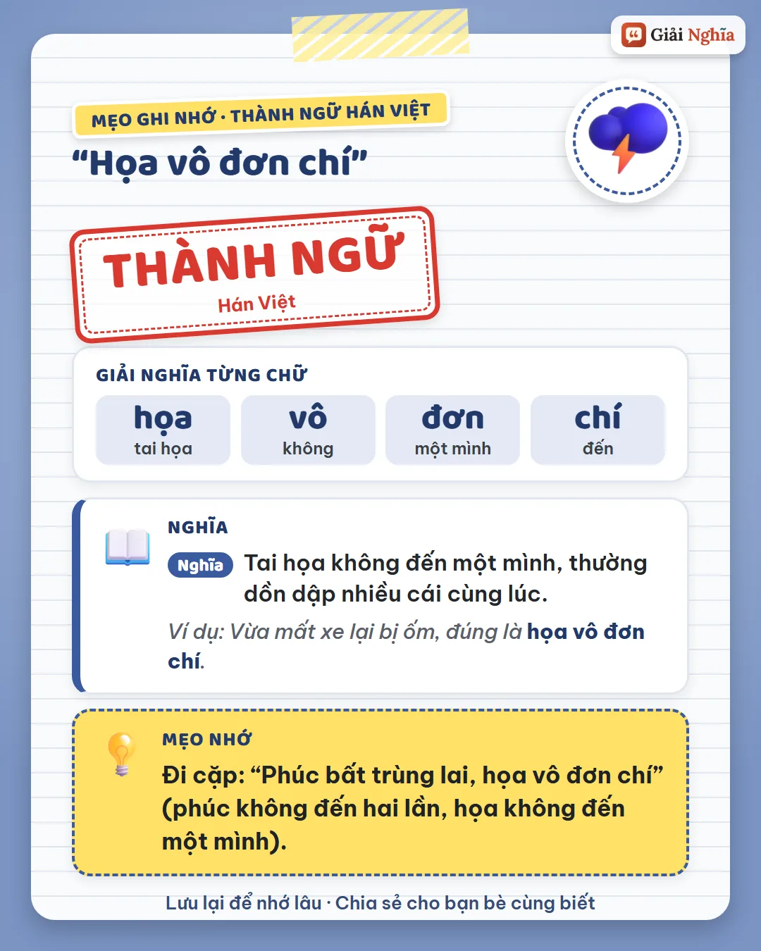 Mẹo ghi nhớ: phúc không đến hai lần, họa không đến một mình.
