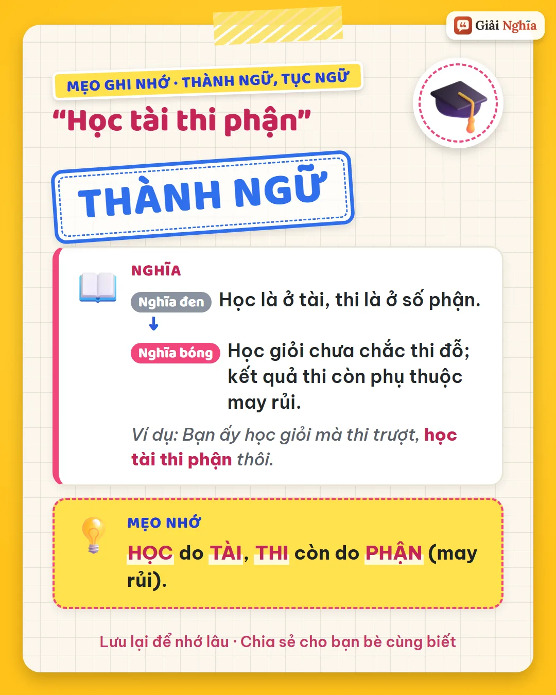 Mẹo ghi nhớ: học do tài, thi còn do phận (may rủi).