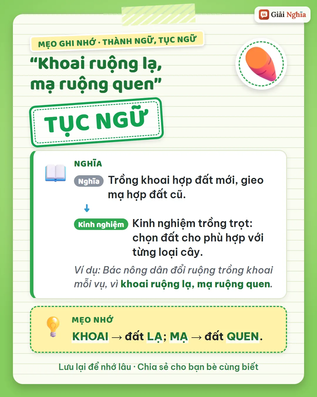 Mẹo ghi nhớ: khoai đi với đất lạ, mạ đi với đất quen.