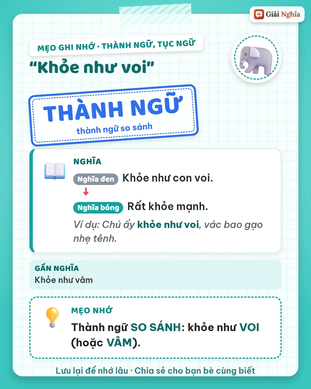 Mẹo ghi nhớ: thành ngữ so sánh, khỏe như voi hoặc vâm.