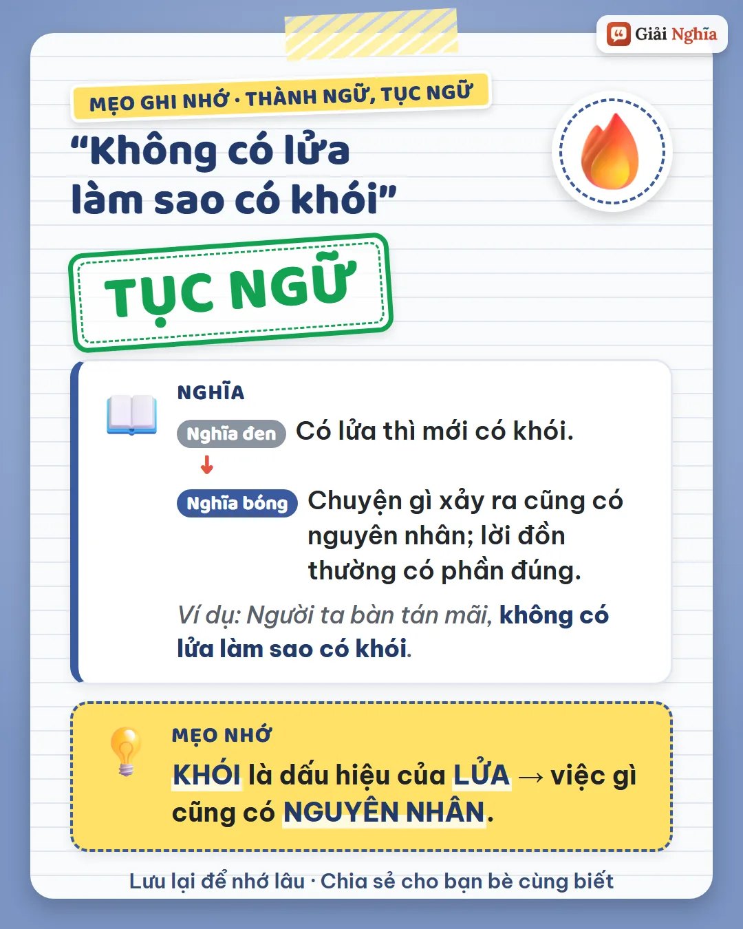 Mẹo ghi nhớ: khói là dấu hiệu của lửa; việc gì cũng có nguyên nhân.